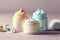 Three open jars of cosmetic cream, assorted, stand on a white background.