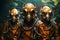 three orange gas masks are in a forest, in the style of intricate underwater worlds, detailed costumes