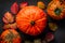 Three orange Pumpkins on Food Background black, Thanksgiving autumn bright colors still life Flatlay