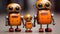 Three orange robots standing next to each other with one wearing glasses, AI
