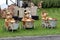 Three ornamental pottery pigs in bathtubs on wheels, at a craft