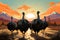 Three ostriches are standing in a field at sunset.