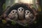 Three owls in a nest on a dark background. 3d rendering