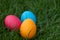 Three painted Easter eggs in the grass