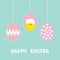 Three painting egg. Happy Easter text. Hanging painted egg set. Chicken baby bird with shell. Dash line. Greeting card. Flat desig