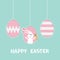 Three painting egg shell. Rabbit hare with carrot. Happy Easter text. Hanging painted egg set. Dash line. Greeting card. Flat