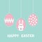 Three painting egg shell. Rabbit hare with tie bow. Happy Easter text. Hanging painted egg set. Dash line. Greeting card. Flat des