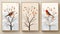 three paintings of birds on trees with autumn leaves