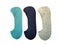 Three pairs of new short socks in gray, navy blue and turquoise isolated on a white background