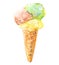 Three pale color ice-cream in a waffle cone. Watercolor illustration