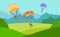 Three parachutists landing on field ground. Men with parachutes on backdrop of mountain landscape. Bright vector