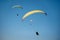 Three paraglider fly in summer sunny day. Carpathians, Ukraine.
