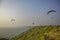 Three paragliders on colorful parachutes fly over the sea and the green hill against a clean blue sky