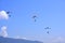 Three paratroopers descend against a blue sky