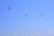 Three paratroopers descend against a blue sky