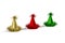 Three party hats in gold, red and green colors on a white background