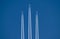 Three passenger planes. Airplane in the sky with a trace of steam contrail.Airliner