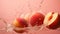 Three peaches are being splashed with water in a peach fuzz pink background, AI