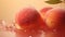 Three peaches are sitting on a table with water droplets, AI