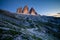 The Three Peaks of Lavaredo Tre Cime at sunset, Dolomites mountains, Italy, Europe