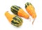 Three pear-shaped orange ornamental gourds with bold green bases