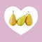 Three pears on a background of a pink heart 3d rendering
