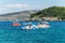 Three pedal boats on the Ionian Sea near the Twin Islands beach in Ksamil, Albania