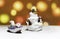 Three Penguins on ice mountain with Santa on boat