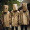 Three People In Detailed Costumes With Paper Bag Masks
