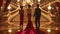 Three people in gl evening gowns and tuxedos stand on a polished marble floor with a regal staircase and opulent