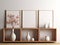 Three photo empty mockup frames shelf , flowers, . 3D render. 3D illustration.