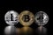 Three physical metal coins - Litcoin, Ethereum and Bitcoin. Cryptocurrency concepts