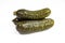 Three pickled cucumbers isolated on white. Crunchy pickles.