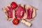 Three Pieces of Raw Fresh Beef Meat Steak on Craft Paper Gray Background Top View Flat Lay Raw Meat Horizontal Pepper Mill and