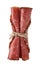Three pieces slices salami sausage tied by rope