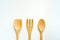 Three pieces of wood turner, wood fork and wood spoon. kitchen equipment set.