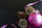 Three pine cones and a pink glass Christmas ball on a black background