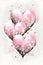 Three pink large hearts with small colored hearts, white isolated background, watercolor paint. Heart symbol of affection and