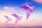 Three Pink Pigeons In The Sky At Sunrise. Paper doves of peace on a blue sk