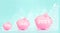 Three Pink piggy bank with digital hologram financial charts showing growing revenue In 2021 on blue background. Successful