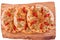 Three Pizza with curry sauce, meat, red pepper on a wooden background. The object is isolated on a white background