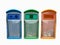 three plasstic trash recycle bin colour blue green orange on to