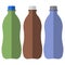 Three plastic bottles of different colors for different drinks. A flat vector image on a white background.
