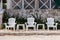 Three plastic chairs at the beach cafe. Mexico. Cozumel