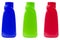 Three Plastic multicolored bottle for detergent cleaning agent iIsolated on white background. Plastic bottle isolated with clippin