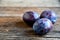 Three plums on old wooden boards.