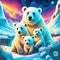 Three polar bears in the snow at night. 3D illustration. generative AI