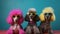 Three poodles with funky sunglasses on blue background, neural network generated image