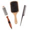Three professional hairbrushes combs isolated