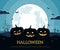 Three pumpkins on the background full moon and graveyard. Halloween background in flat style.